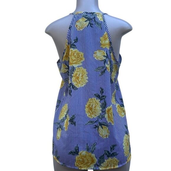 Time To Bloom Blouse Medium Blue Yellow Striped Floral Ruffle Spaghetti Strap - Picture 9 of 16